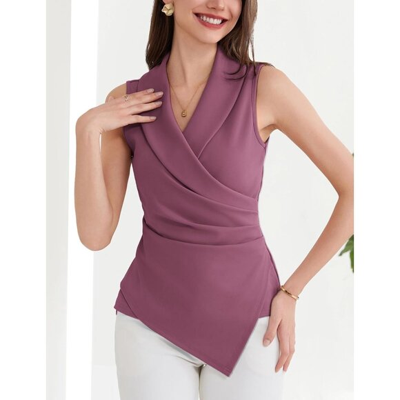 💫 Women Wrap V Neck Casual Work Top Pink Sleeveless Office Dressy Summer Blouse - Picture 2 of 6